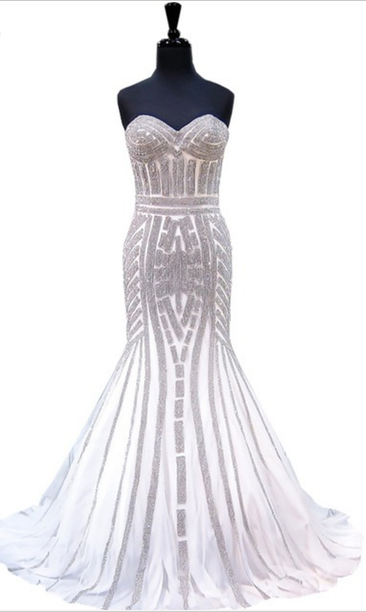 The Luxurious Mermaid Evening Gown, The Beautiful Lover, The Heavy Silver Beads, The White Women's Formal Evening Dress