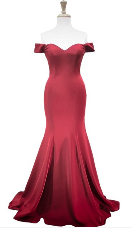 Real Sample Long Night Dress, Sexy Mermaid, Shoulder Length Stretch Satin Magenta Gown Evening Dresses