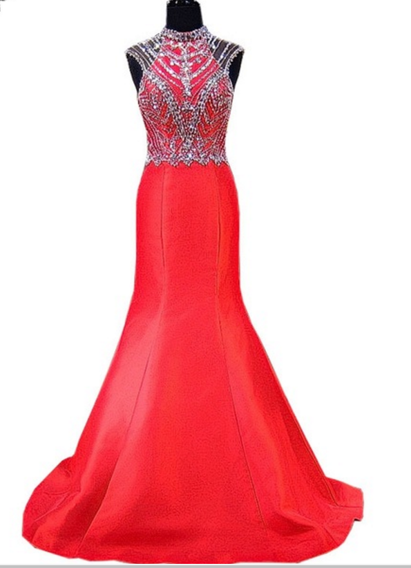 The Red Evening Dress Mermaid Has A High-necked Crystal Floor-length Crystal Flooring Length With An African Women's Evening Gown