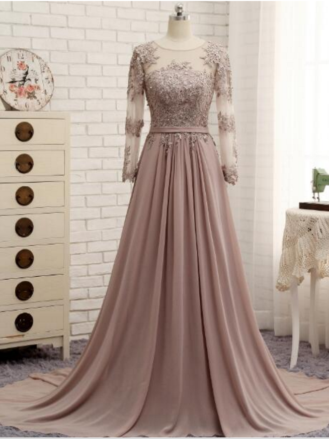 Long-sleeved Beaded Evening Gown, Elegant Dress, Champagne Chiffon, Before And After Front And Back, In Robes