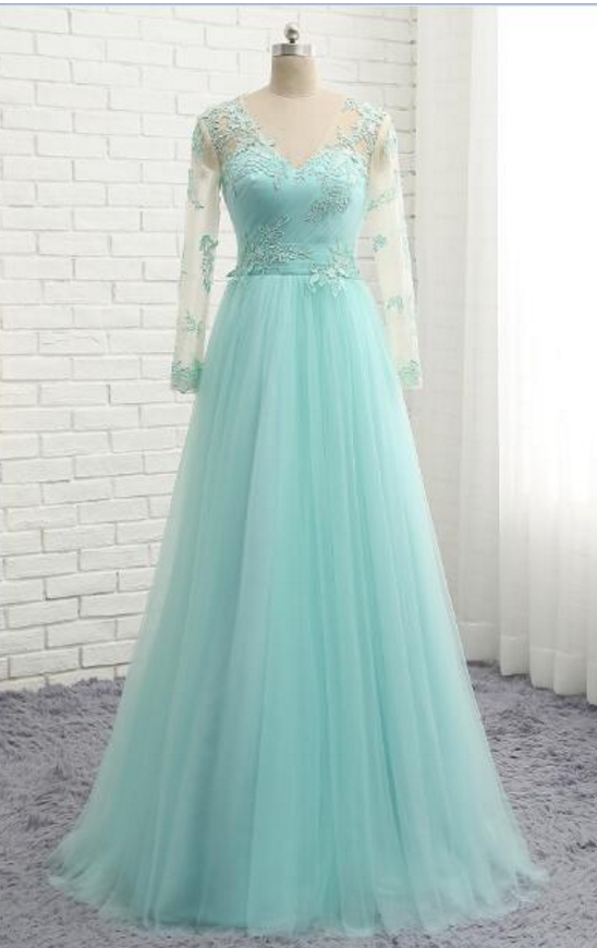 Peppermint Green Evening Dress, Long-sleeved Tulle, Lace Gown With Lace
