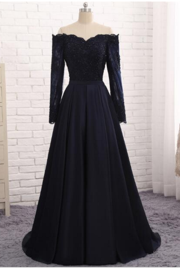 Long Sleeve Navy Evening Gown with Satin Dinner