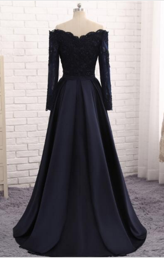 Long Sleeve Navy Evening Gown With Satin Dinner on Luulla