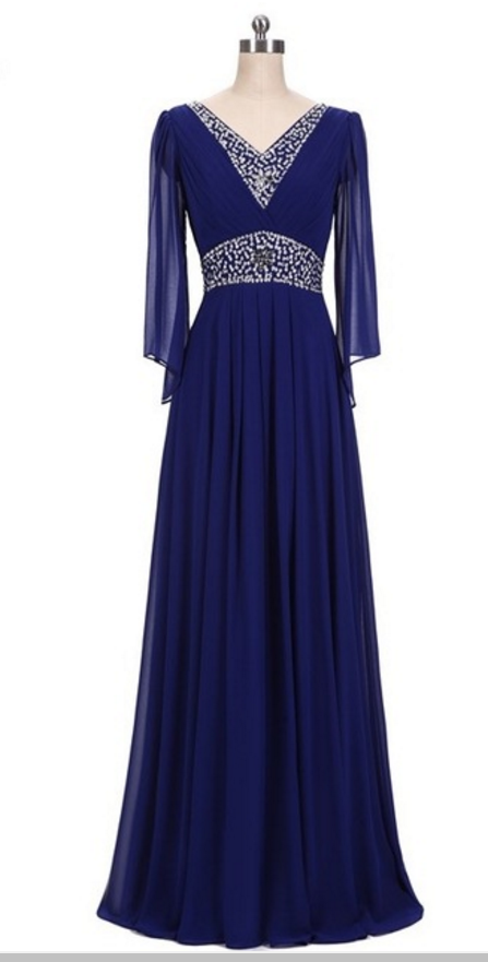 Beaded Long-sleeved Chiffon Evening Dress, Royal Blue Turquoise Dubai Gown With Oversized Gowns Evening Dresses