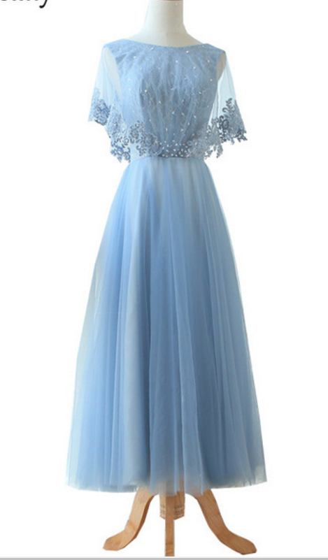 The Luscious Blue Evening Gown, Ankle, Semi-sleeve Lace Beading, The Perfect Neck Elegant Prom Gown In The Lobby Evening Gown