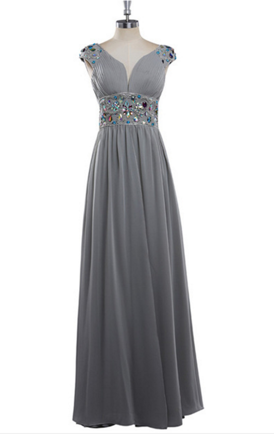 Elegant Evening Dress, Grey Chiffon Evening Dress, Long-sleeved Crystal Cap Sleeves, Bridal Gown Gown