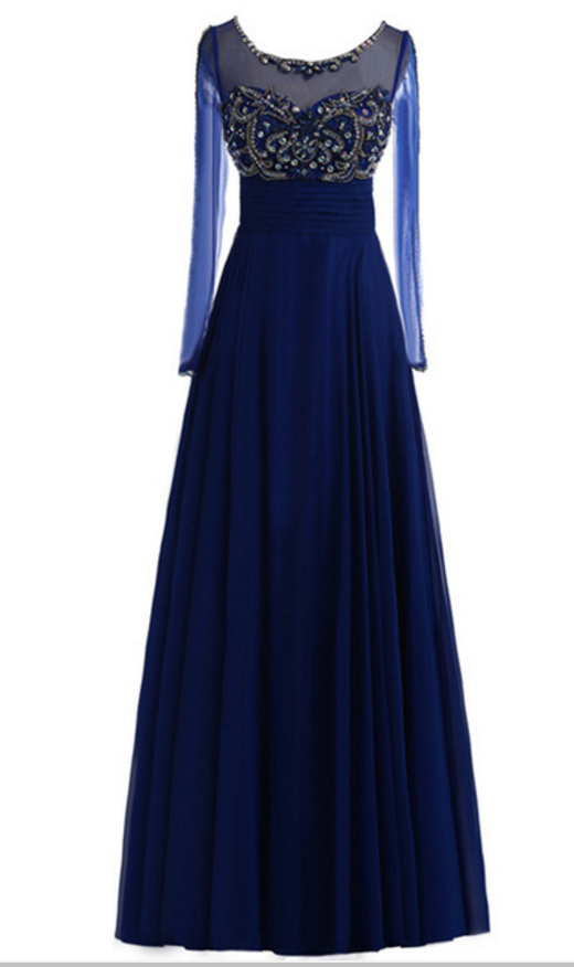 Sexy Fantasy Suspenders, Royal Blue Chiffon Evening Dress, Long-sleeved Crystal Beaded Gown With Long Sleeves Chic Formal Evening Dress