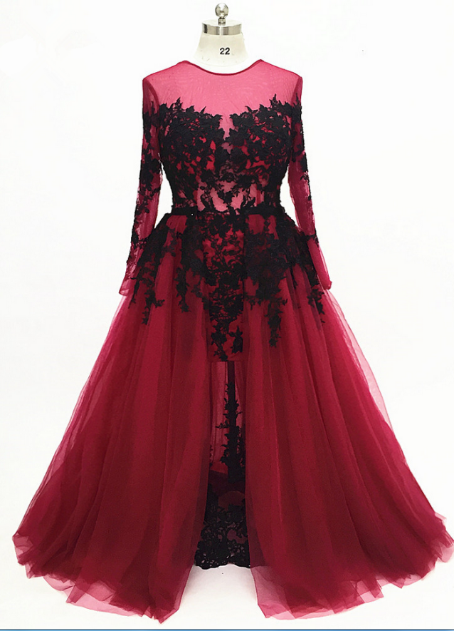 Burgundy Long-sleeved Long Evening Dress Lace The Dress More Formal Party Dress