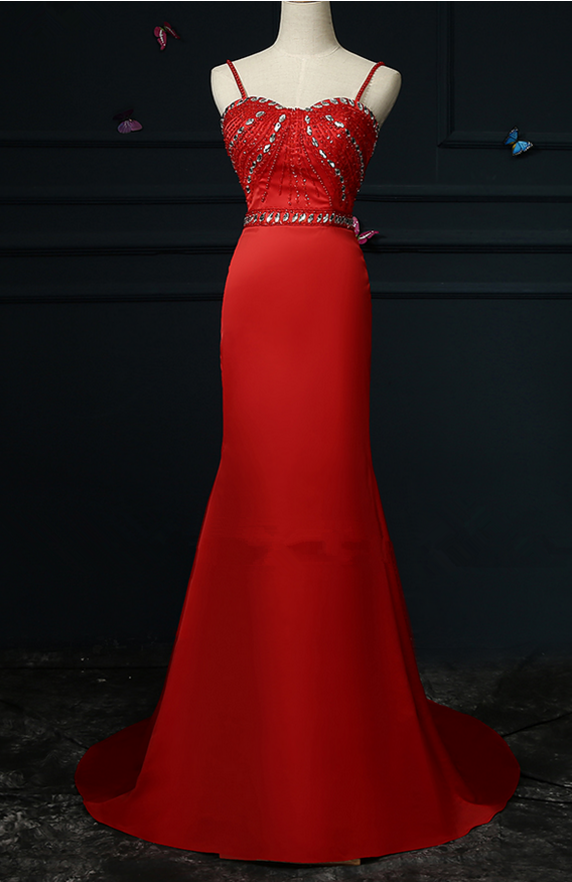 Robe Red Pearl Foil Spaghetti Lung Luxury Satin Formal Party Long Gown