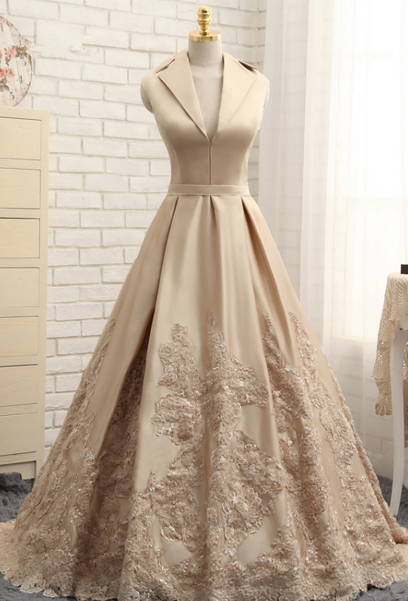A-line V-neck Cap Sleeves Satin Appliques Lace Prom Gown Long Formal Evening Dresses