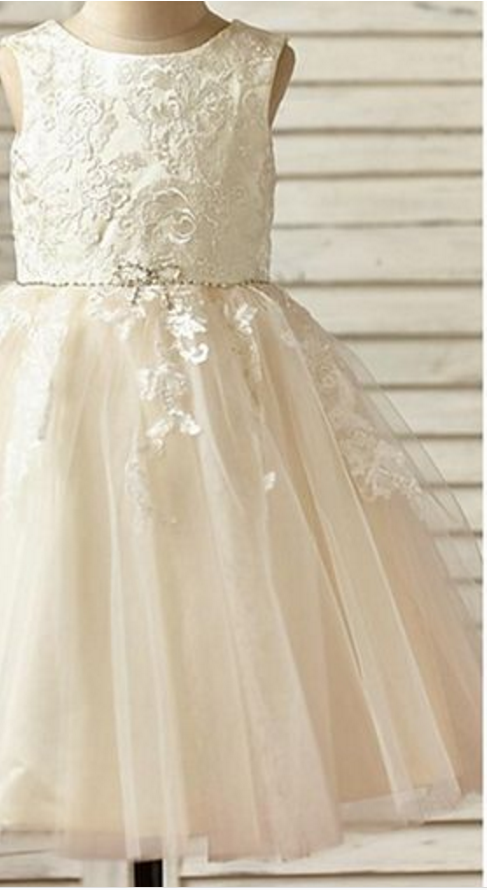 A-line Knee-length Flower Girl Dress - Lace / Tulle Sleeveless Scoop With Appliques / Beading