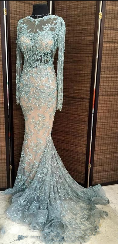 Shiny Luxury Beads Applique Lace Sequined Mermaid Evening Dresses With Sheer Long Sleeevs Jewel Neck Sweep Formal Pageant Gowns