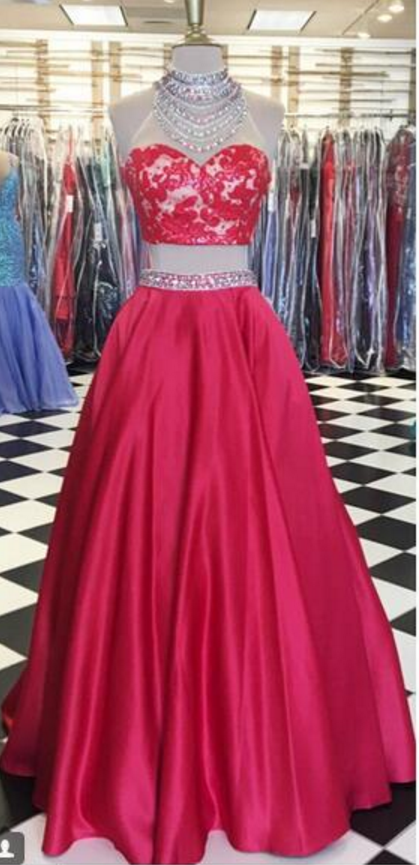 Prom Dresses Red Two Pieces Prom Dresses High Neck Sleeveless Beading