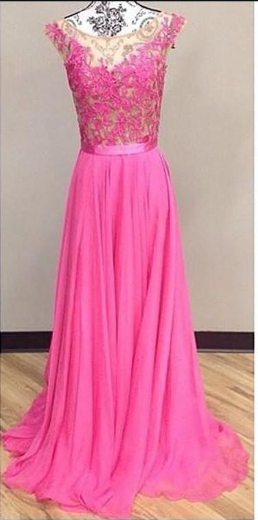 Plum Pink Long Prom Dresses Sheer Neck Cap Sleeves Appliques Lace Chiffon Floor Length Backless Homecoming Dresses Graduation Dresses
