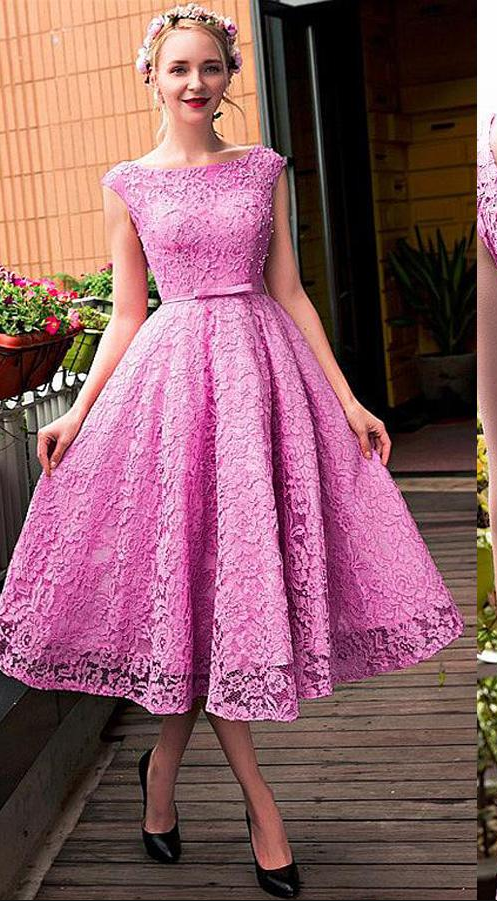 Exquisite Lace Bateau Neckline A-line Homecoming Dresses With Beadings Ankle Length Red Lace Cocktail Dresses Prom Dresses