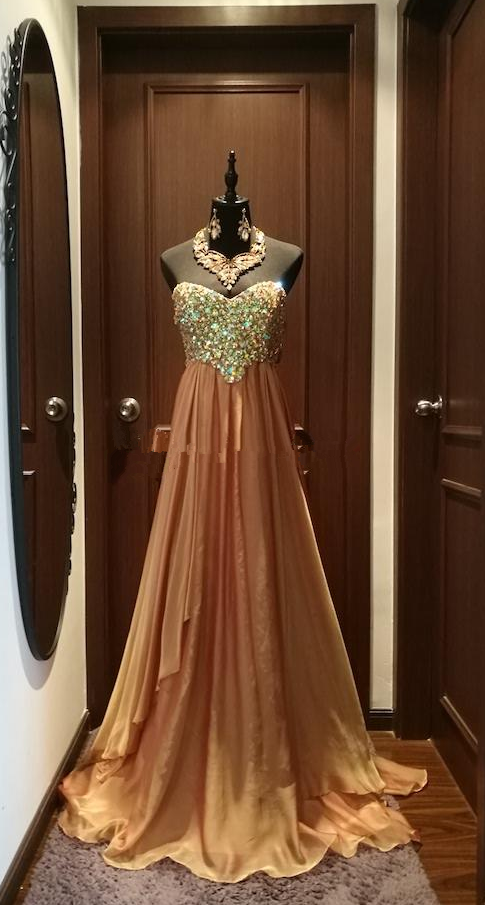 Fall Designer Gold Off Shoulder Aline Chiffon Long Special Occasion Dress, Evening Dress, Prom Dress With Diamonds And Beads