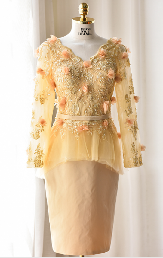Sheath V Neck Long Sleeves Lace Flowers Knee Length Peplum Celebrity Gown Short Prom Dress ,cocktail Dresses