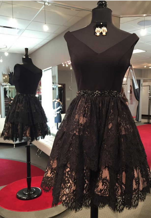 Tired Lace Skirt V Neck Satin , Homecoming Dresses ,little Black Gowns