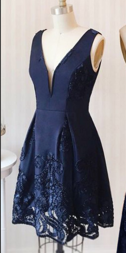 A-line Homecoming Dresses,navy Blue Homecoming Dresses,applique Homecoming Dresses,deep V-neck Homecoming Dresses,