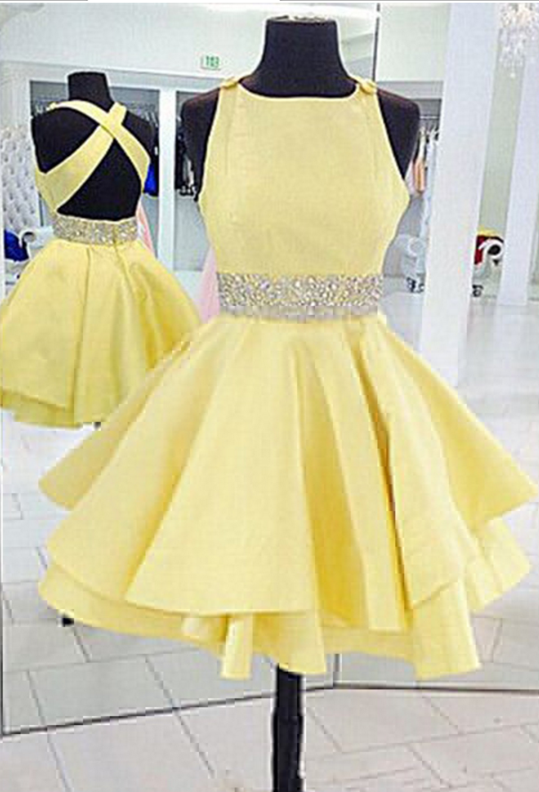 Cute Yellow One Shoulder Satin Homecoming Dress,Short Prom Dress Y8187 main image 1