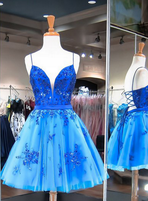 Blue Sexy Return Dresses And Faux Diamond Beads,homecoming Dresses