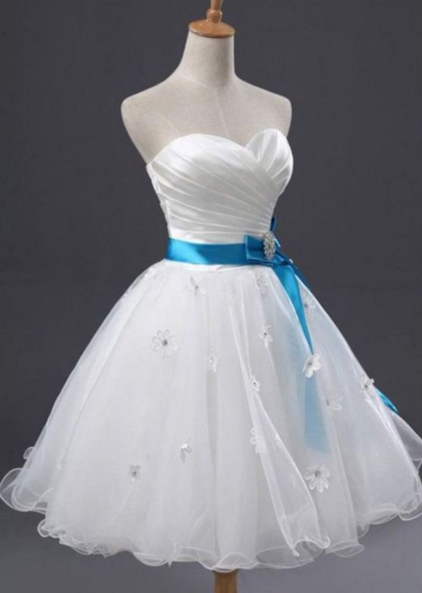 The White Homecoming Dress, With The Sky-blue Belt Ball Gown