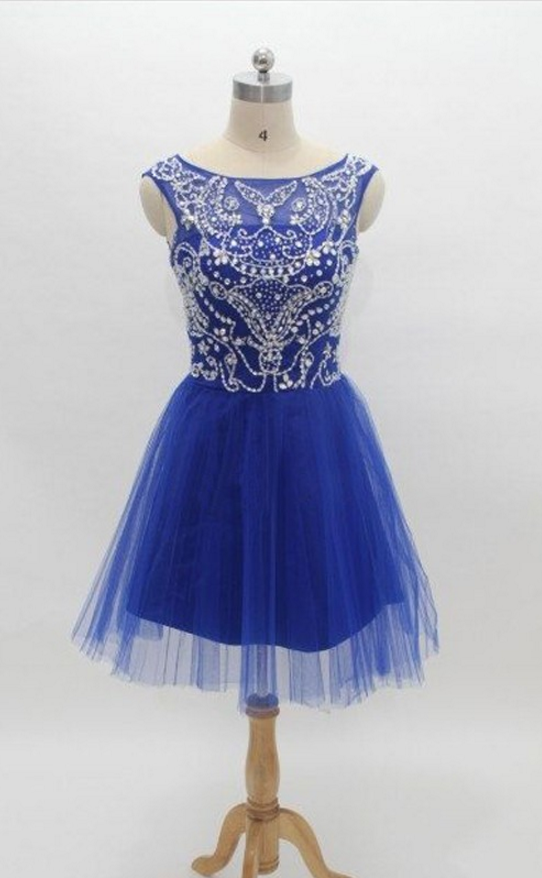 A Line Blue Homecoming Dresses Zippers Sleeveless Beaded Bateau Above Knee Homecoming Dress