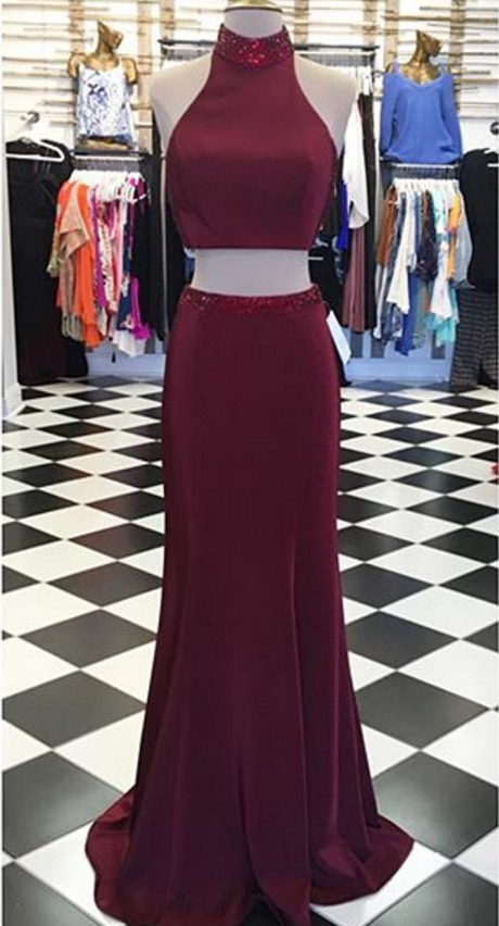 Burgundy Two Piece Prom Dress, Sexy Mermaid Prom Dresses, Long Evening Dress With Beads