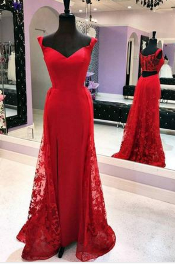 Lace Mermaid Prom Dress, Sexy Appliques Red Prom Dresses, Evening Dress