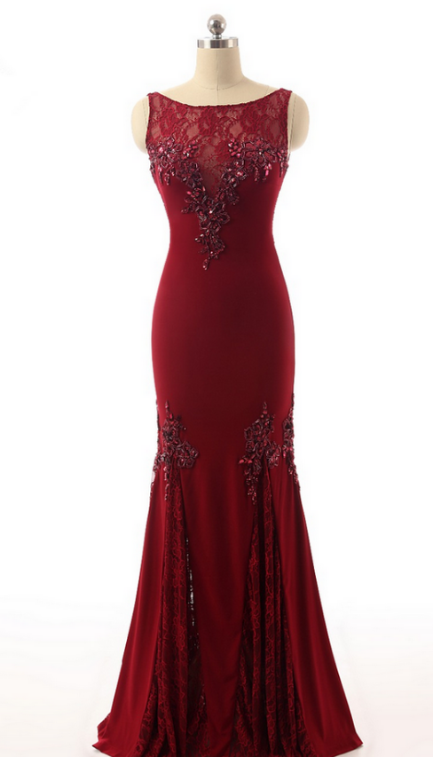 Wine Red Lace Sexy Evening Gown, Long Neck Gown.