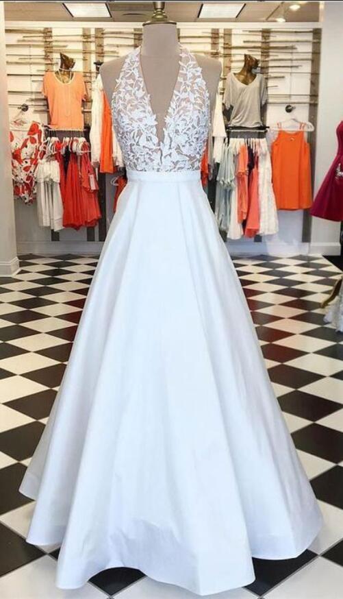 White halter neck prom dress sale