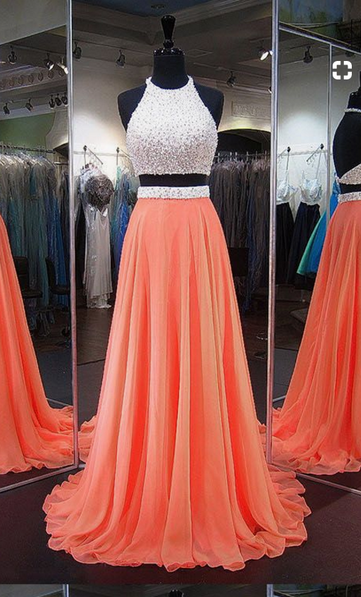 Orange Homecoming Dresses, Perfect A-line Halter Party Dresses, Chiffon Backless Formal Dresses, Two Piece Prom Dresses, Long Graduation Dresses
