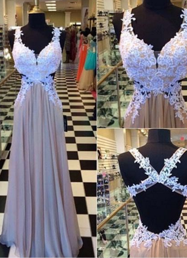 Backless Prom Gowns,elegant Prom Dress,white Lace Prom Dresses,chiffon Evening Gowns,champagne Formal Dress