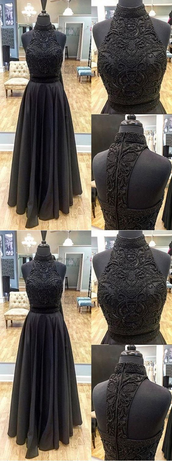 Two Piece Prom Dress A Line Beautiful Long Black Prom Dress