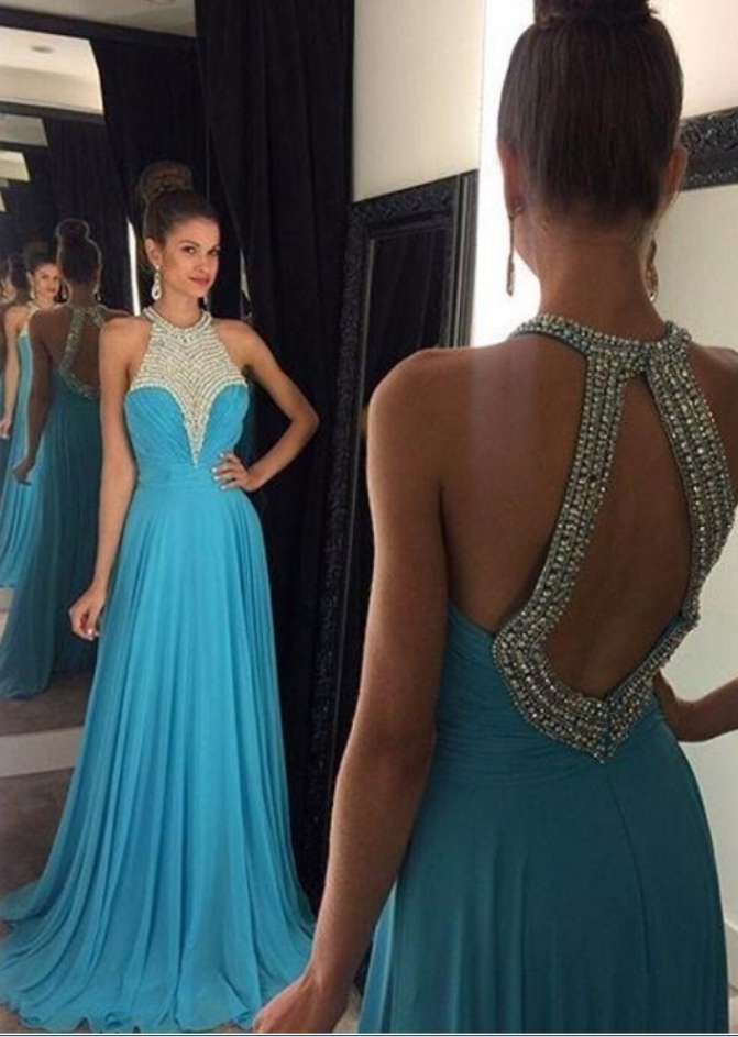 Graceful Light Blue Prom Dress Long Beaded Bodice Robe De Soiree Sexy Backless Chiffon Prom Gowns