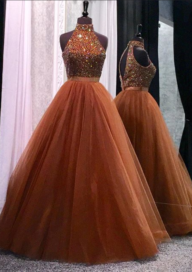 Charming Tulle Halter Beaded Prom Dress, Sexy Long Evening Dresses, Formal Gown