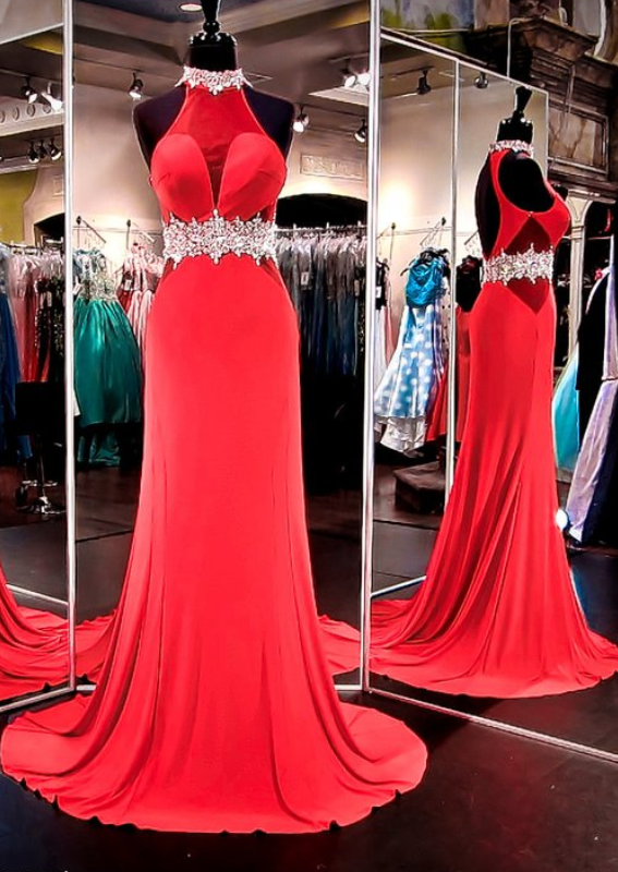 Red Jersey Prom Dress With Crystal Choker And Keyhole Back ,evening Dresses