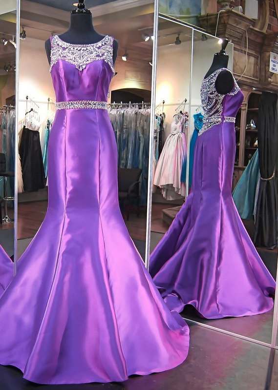 Purple Soft Mermaid Prom Dress -crystals On Neckline And Back-train Evening Dresses