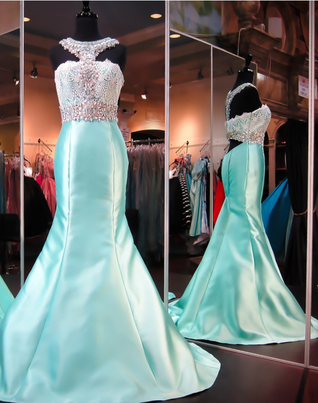 Mint Mermaid Prom Dress-white Lace Beaded Halter-open Back Evening Dresses