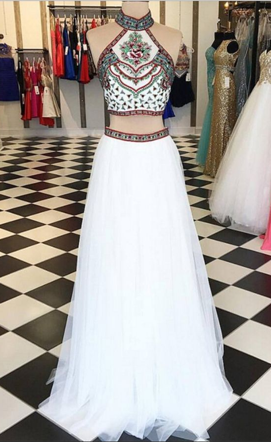 White, Two Piece, Halter ,sleeveless, Floor-length Prom Dress, With Embroidery ,evening Dress,floor Length, , 2018 Fashion ,prom Dresses