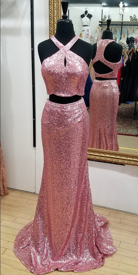 Pink Sequins Mermaid Prom Dress,two Piece Sleeveless Sweep Train Evening Dress