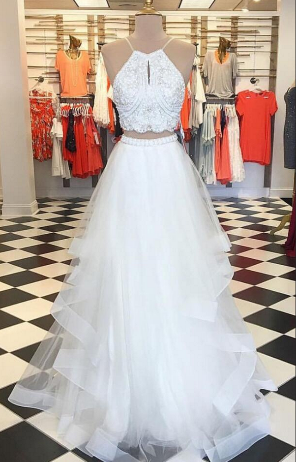 Two Piece Prom Dress, Lace Prom Dress,tulle Prom Dress, Prom Dress,sexy White Prom Dress
