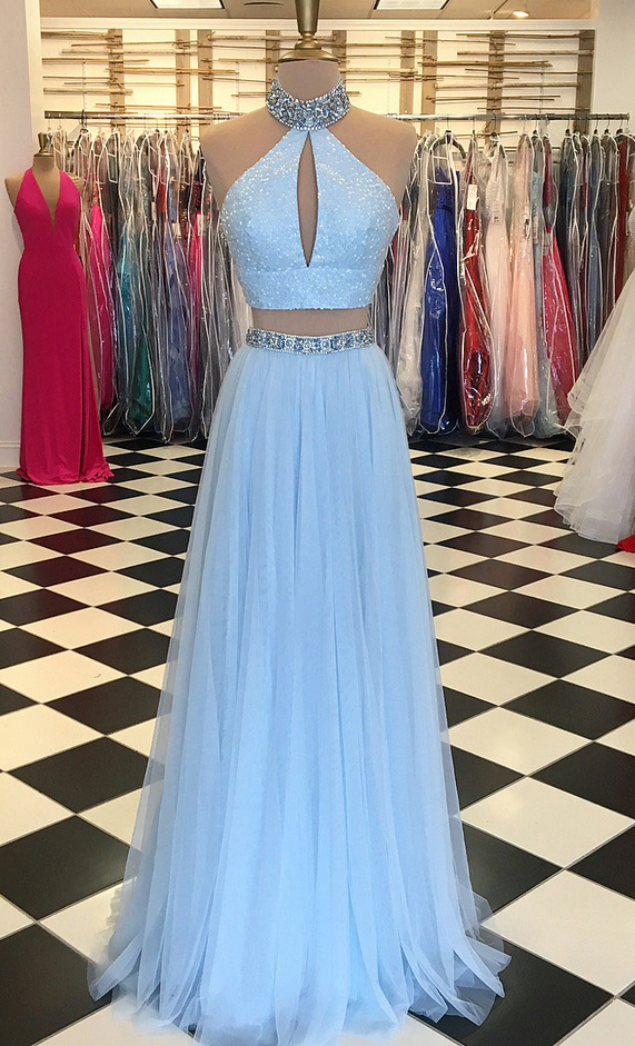 2 piece light blue dress Two-piece Pearls Embellished Sky Blue Ball Gown