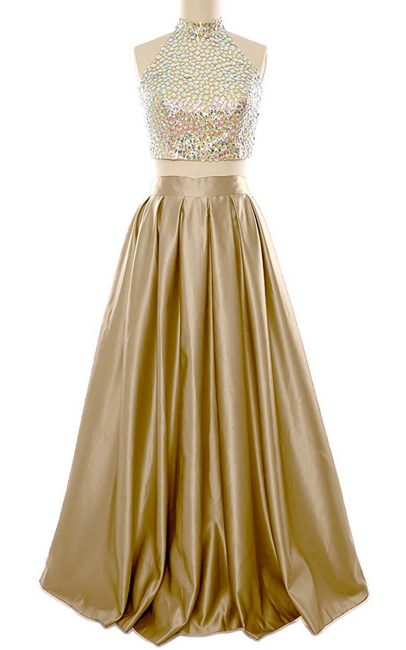 High Neck Prom Dress, Beaded Gold Color Prom Dress, Two Piece Prom