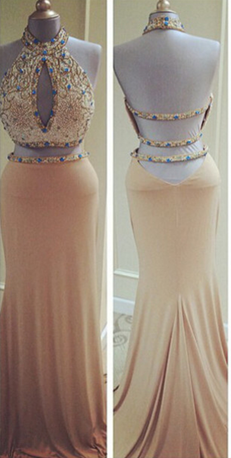 Two Piece Fitted Kiss Formal Mermaid Sexy Backless Prom Dresses Halter