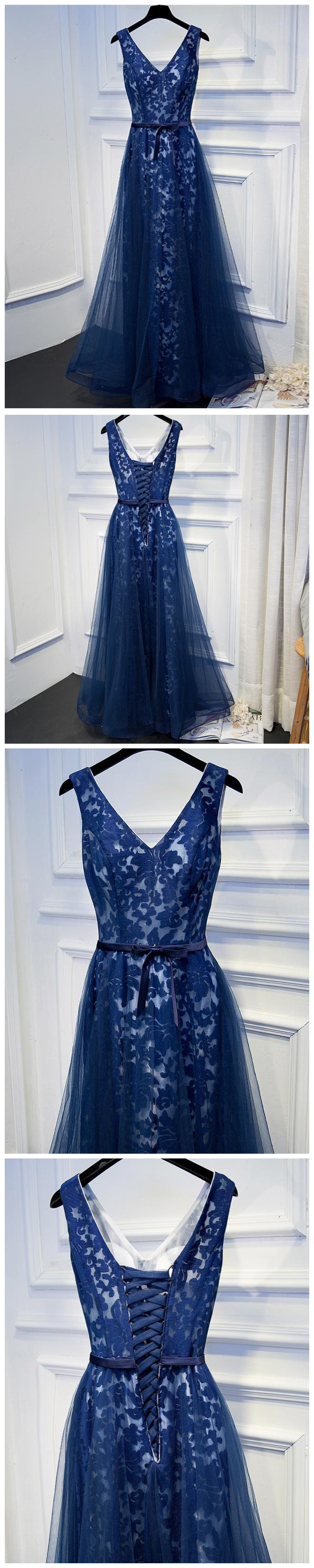 A Line Navy Blue Organza Formal Evening Dress V-neck Lace Prom Dress With Belt