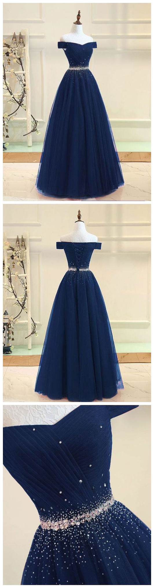 Off The Shoulder Beaded Prom Dresses Navy Blue Pleated Long Quinceanera ...