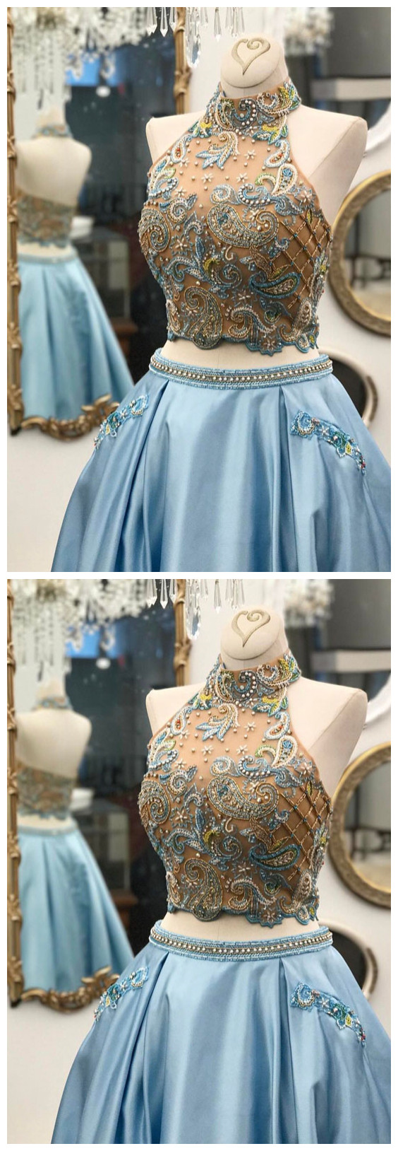 Unique Two Pieces Beads Long Prom Gown, Unique Blue Evening Dress