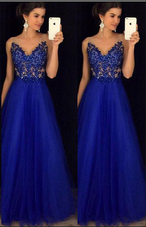 Beaded Royal Blue Prom Dress, Tulle Prom Dresses, Long Evening Dress