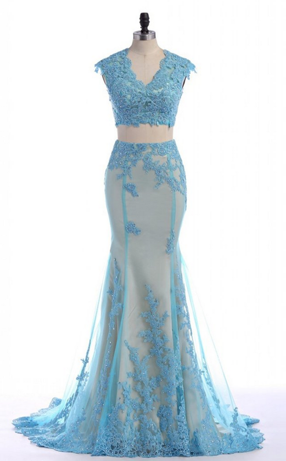 Gergeous Two Piece Blue Prom Dress, Appliques Long Evening Dress